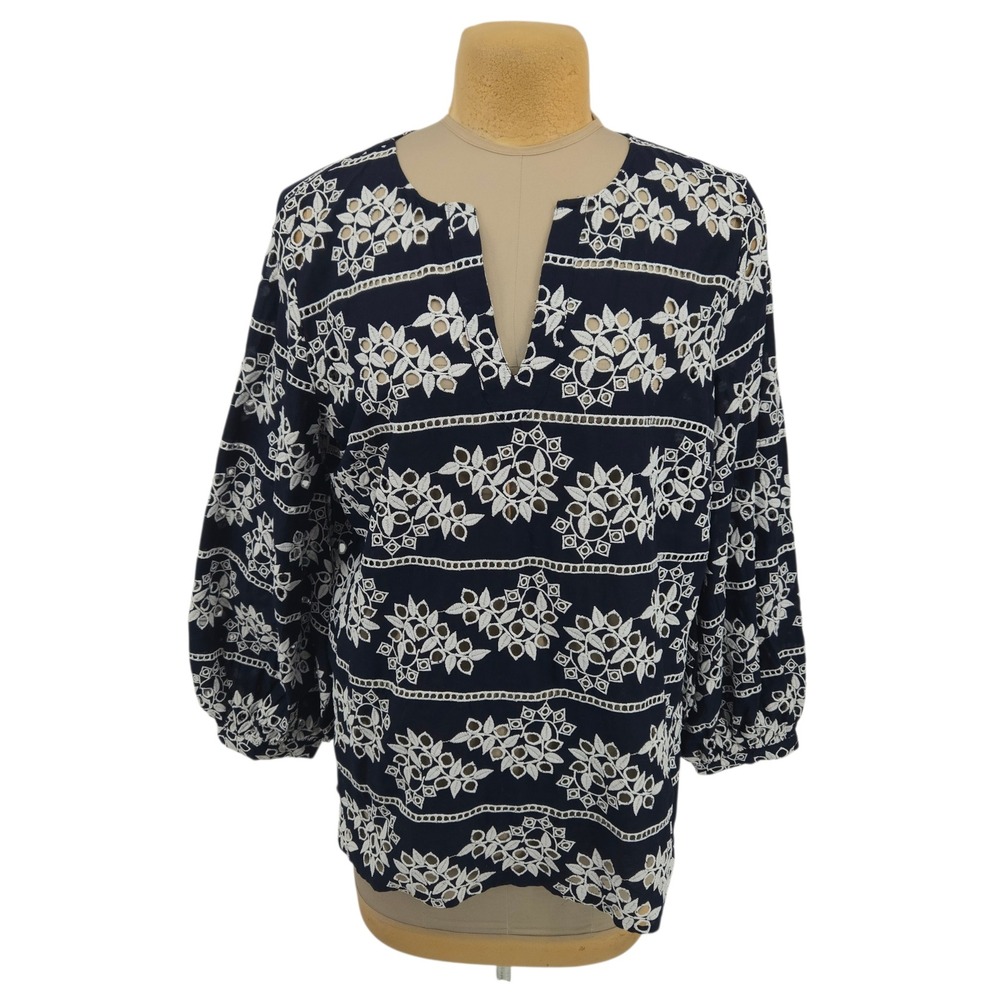 Chico's Eyelet Tunic Women 3 XL 16 Navy Blue White Embroidered Boho Top Coastal